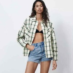 Zara Plaid Button Down Shirt - Green and White